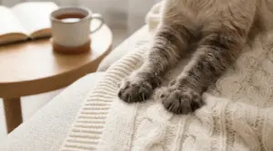 Zampe di un gatto che impastano su una coperta di lana chiara