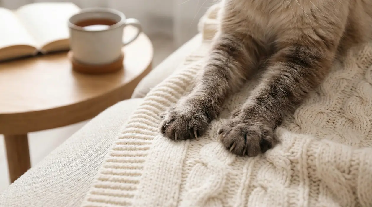 Zampe di un gatto che impastano su una coperta di lana chiara
