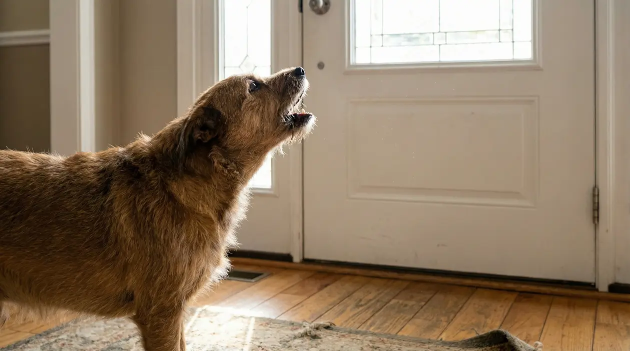 Cane che abbaia davanti a una porta chiusa in una casa