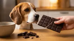 Cane vicino a un tavolo con pezzi di cioccolato e una mano che tiene una tavoletta