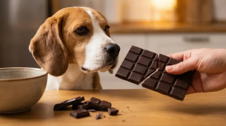Cane vicino a un tavolo con pezzi di cioccolato e una mano che tiene una tavoletta