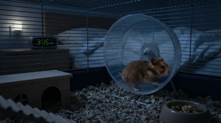 Criceto che corre su una ruota nella sua gabbia durante la notte