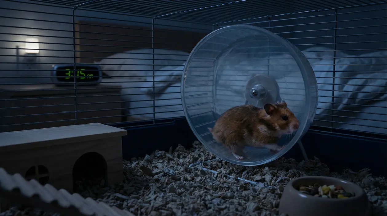 Criceto che corre su una ruota nella sua gabbia durante la notte