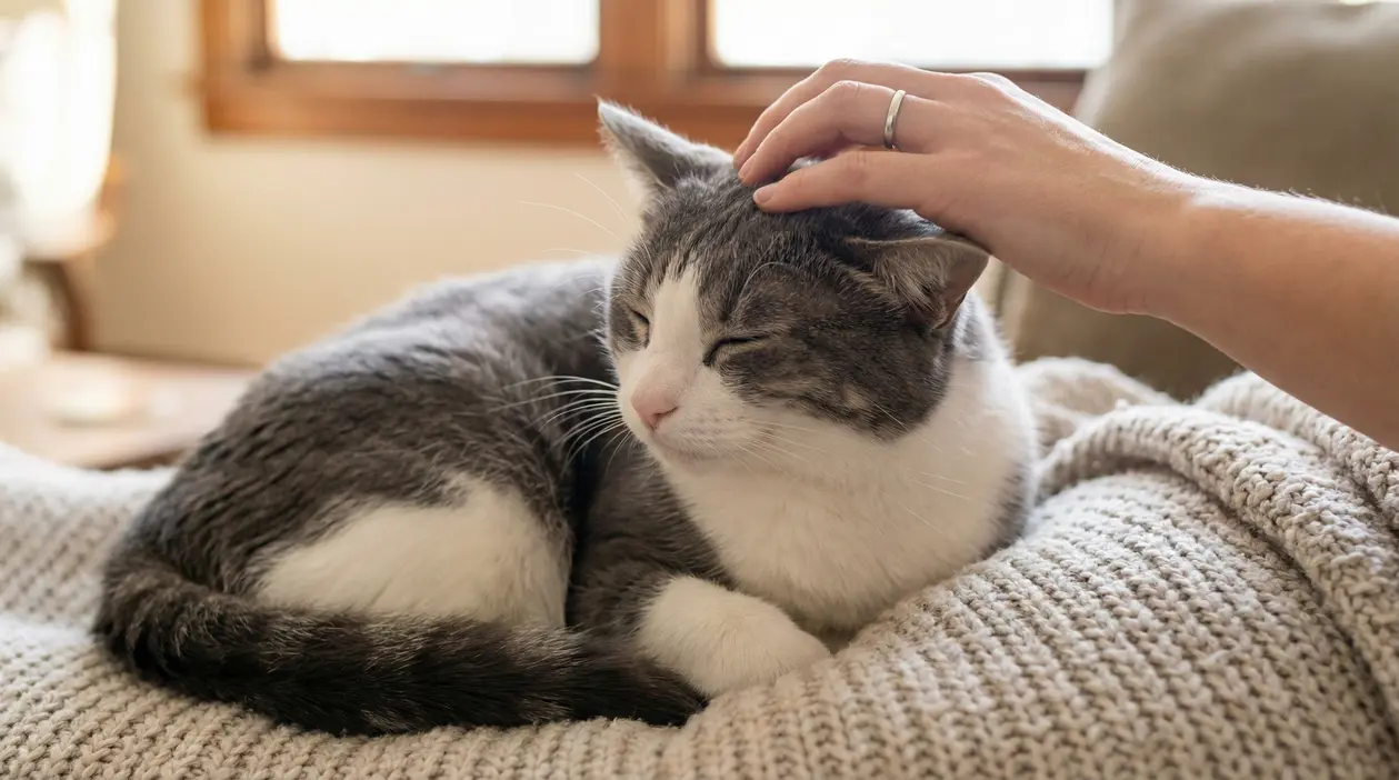 Gatto grigio e bianco accarezzato sulla testa mentre riposa su una coperta