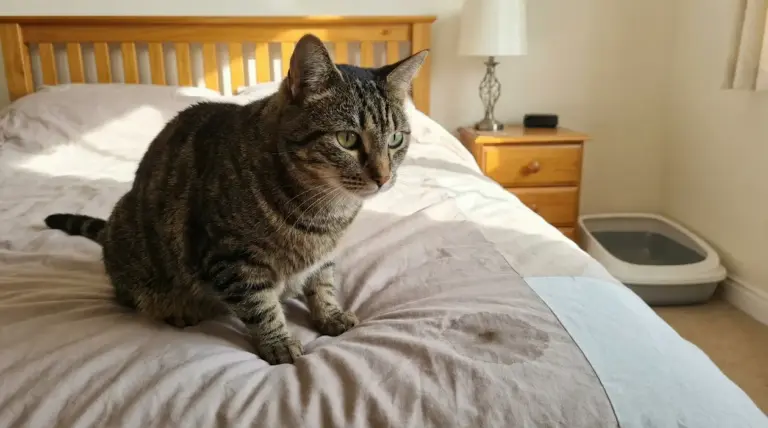 Gatto tigrato seduto su un letto con una macchia visibile sulle lenzuola