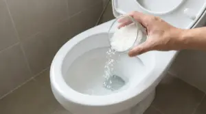 Una mano versa del sale grosso nel water di un bagno