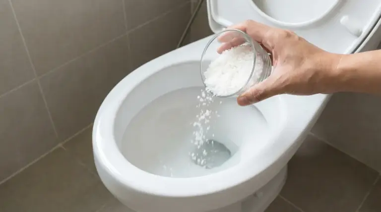 Una mano versa del sale grosso nel water di un bagno