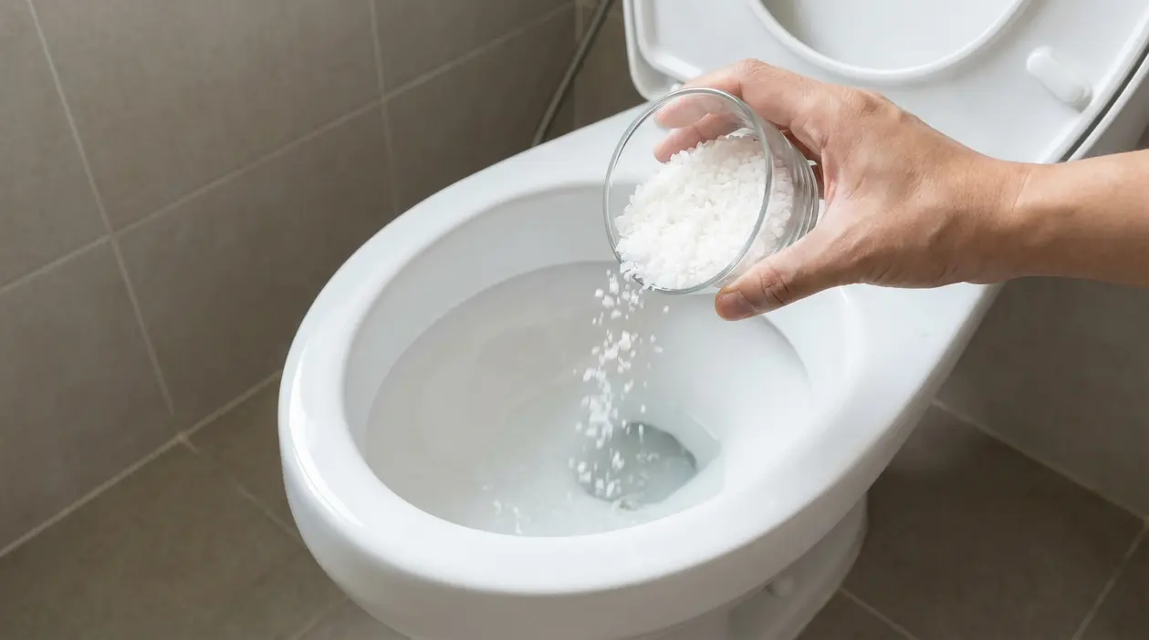 Una mano versa del sale grosso nel water di un bagno