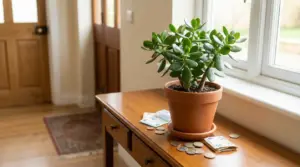 Pianta di giada in vaso su tavolo vicino a finestra con monete e banconote