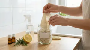 Una persona prende una salviettina fatta in casa da un barattolo di vetro in cucina