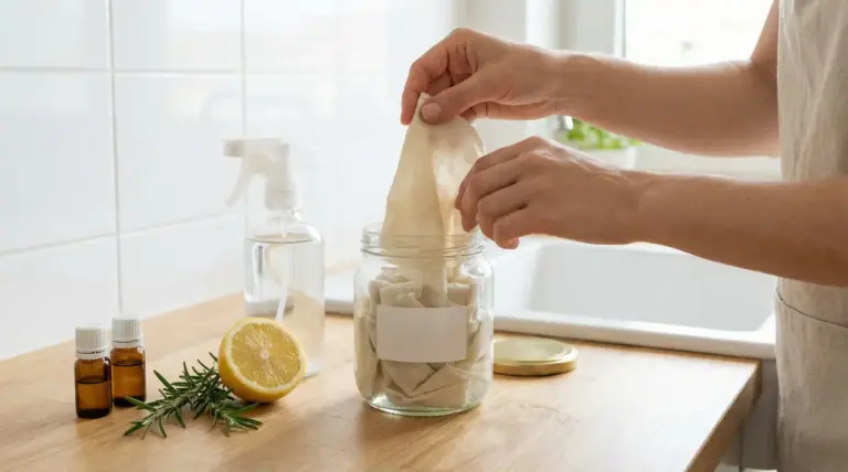 Una persona prende una salviettina fatta in casa da un barattolo di vetro in cucina
