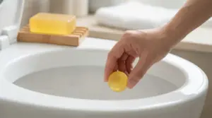 Mano che inserisce una sfera di sapone giallo nel water