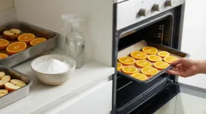 Fette di arancia disposte su una teglia pronte per essere messe nel forno