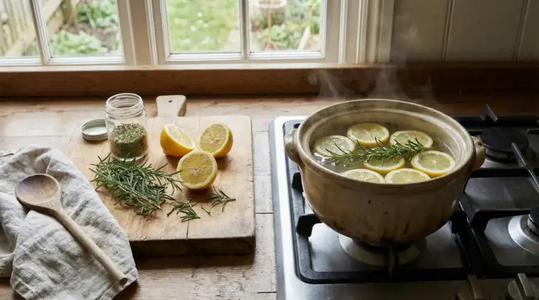 Pentola sul fornello con fette di limone e rametti di rosmarino in infusione