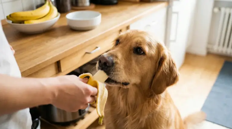 Un cane riceve un pezzo di banana da una persona in cucina