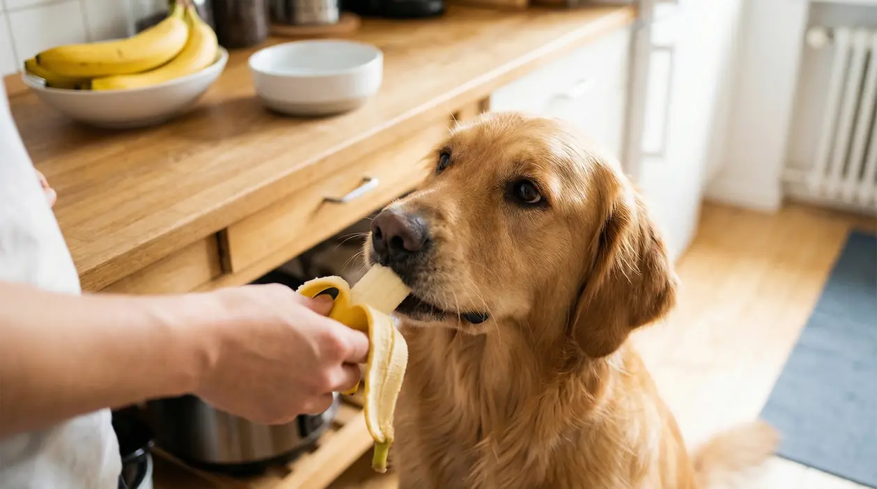 Un cane riceve un pezzo di banana da una persona in cucina