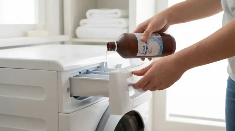 Una persona versa acqua ossigenata nel cassetto del detersivo di una lavatrice