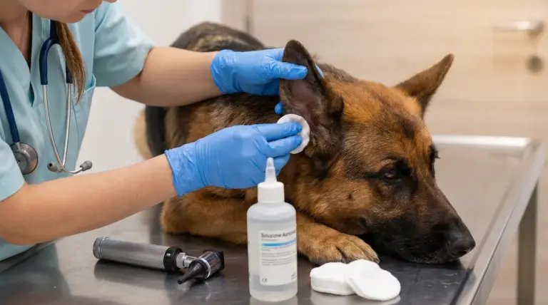Veterinario pulisce l'orecchio di un cane con un batuffolo di cotone