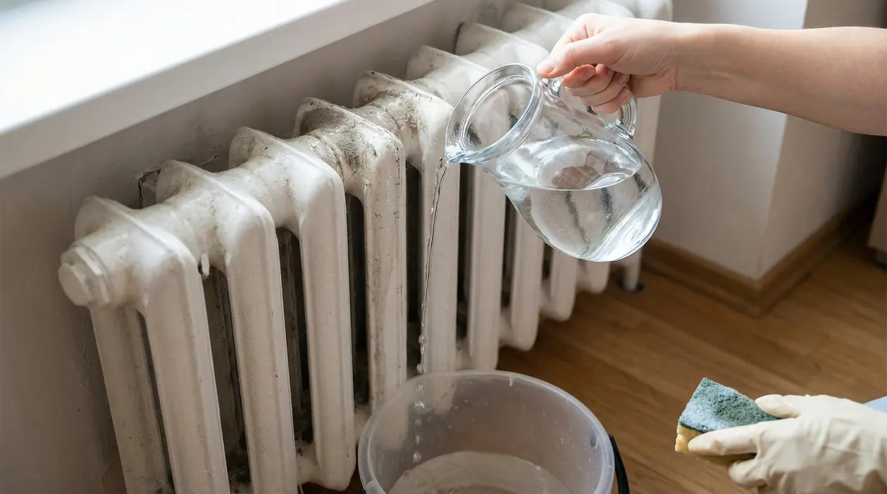 Persona versa acqua da una brocca su un termosifone sporco con un secchio sotto