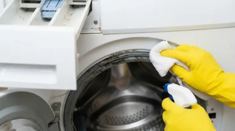 Persona con guanti pulisce la guarnizione della lavatrice con panno e spray
