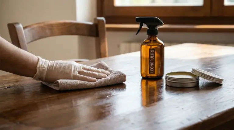 Mano con guanto pulisce un tavolo in legno con un panno, accanto a flacone spray e cera.
