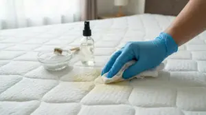 Una mano con guanto pulisce una macchia gialla su un materasso con prodotti naturali