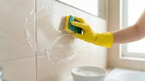Una persona pulisce le piastrelle del bagno con una spugna e guanti di gomma