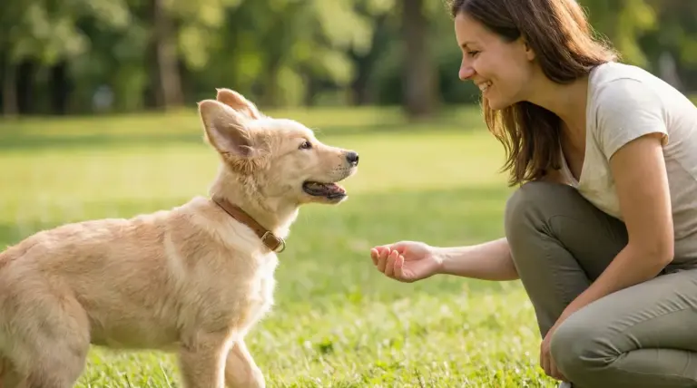 Donna interagisce con un cucciolo in un parco, durante un momento di addestramento