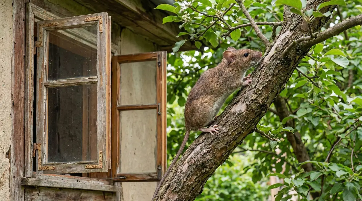 Un ratto si arrampica su un albero vicino a una finestra aperta