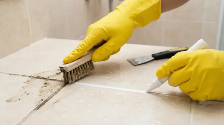 Mani con guanti gialli puliscono e ravvivano le fughe delle piastrelle con spazzola e pennarello.