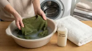 Una persona immerge un maglione verde in una bacinella con acqua vicino a una bottiglia di balsamo per capelli