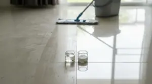 Pavimento parzialmente pulito con due barattoli contenenti ingredienti naturali per la pulizia