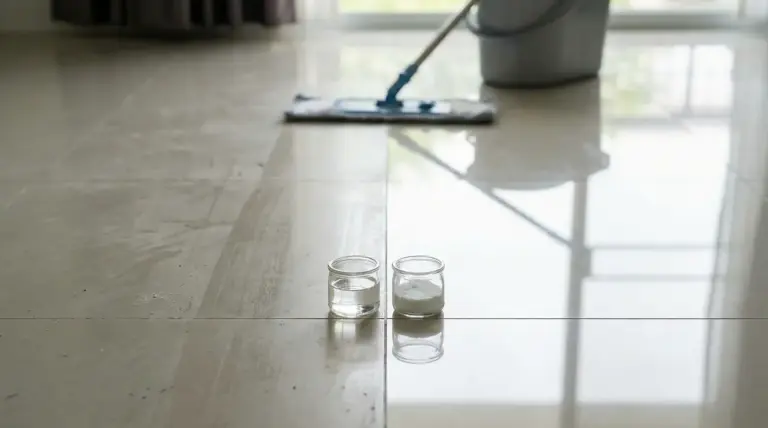 Pavimento parzialmente pulito con due barattoli contenenti ingredienti naturali per la pulizia