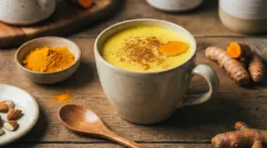 Tazza di bevanda alla curcuma con spezie e ingredienti naturali su tavolo in legno
