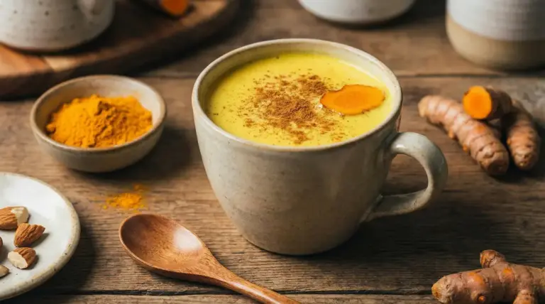 Tazza di bevanda alla curcuma con spezie e ingredienti naturali su tavolo in legno