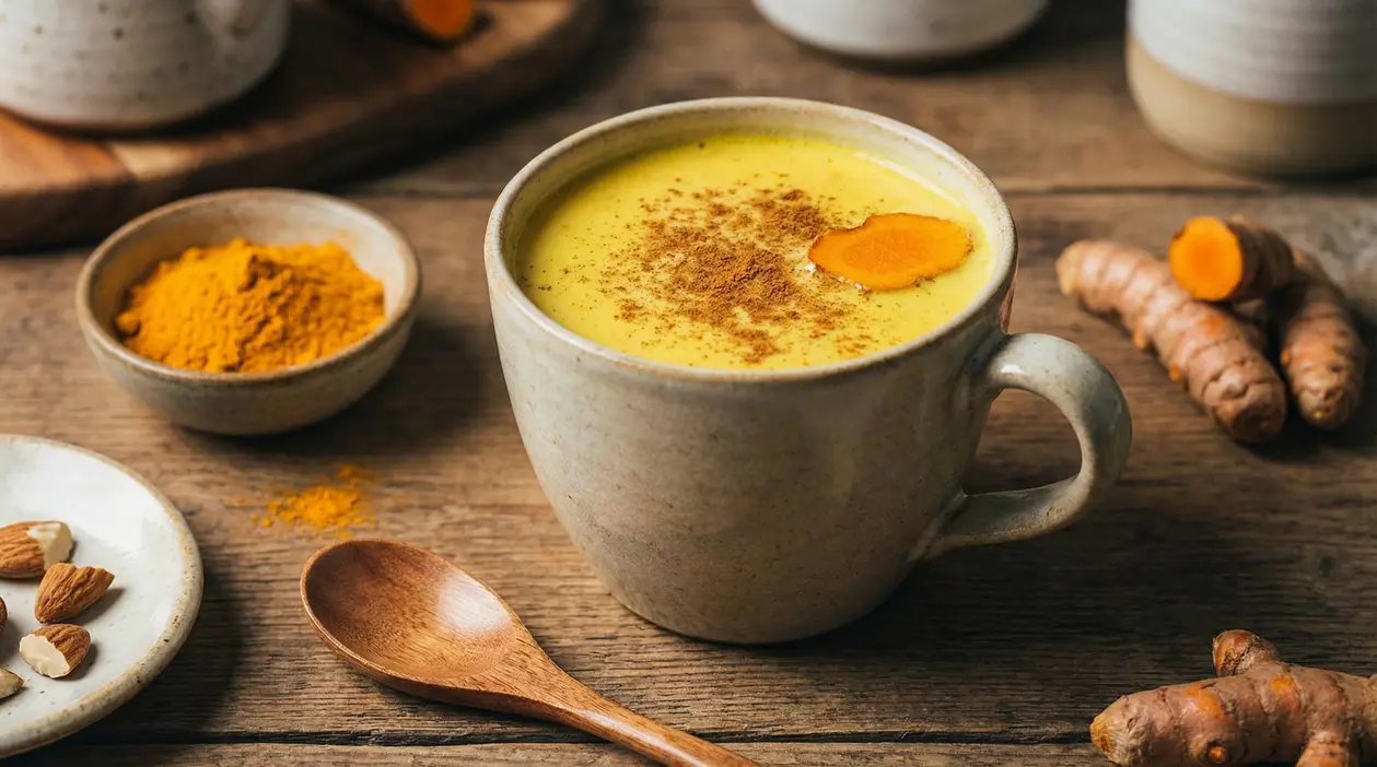 Tazza di bevanda alla curcuma con spezie e ingredienti naturali su tavolo in legno