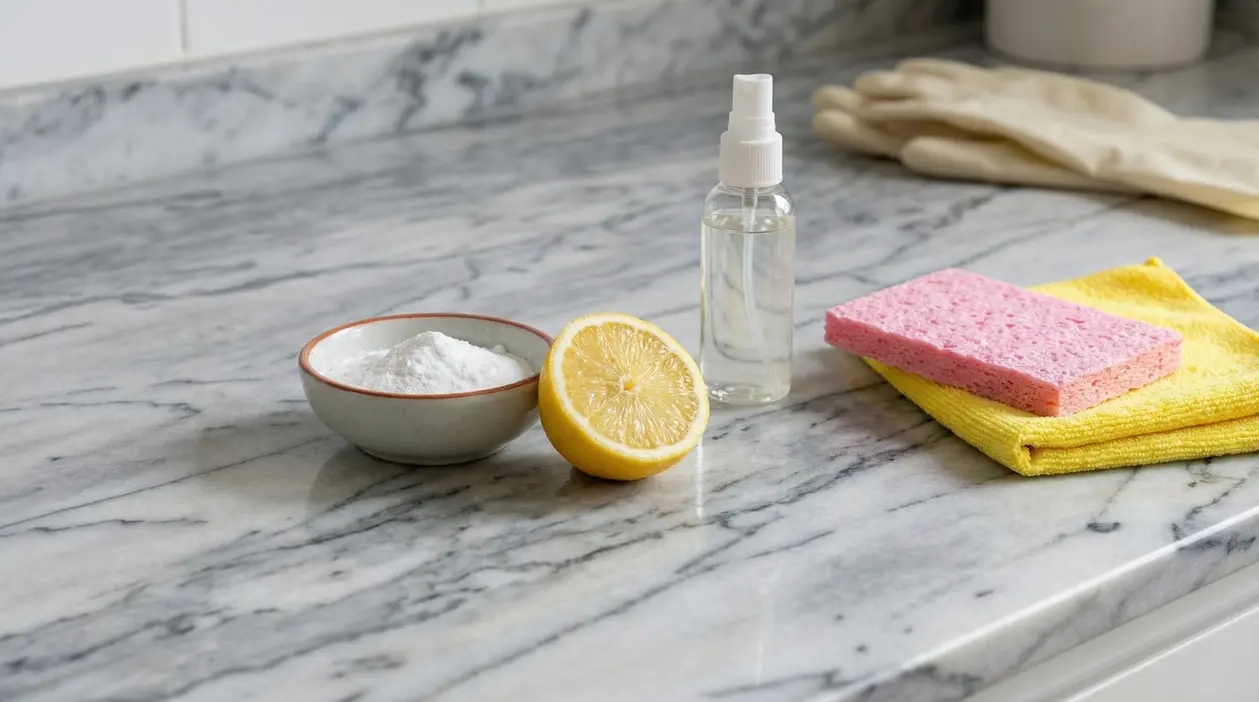 Ingredienti naturali per la pulizia del marmo su un piano di lavoro