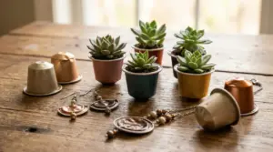 Capsule di caffè riutilizzate come vasi per piante grasse e gioielli artigianali su tavolo di legno