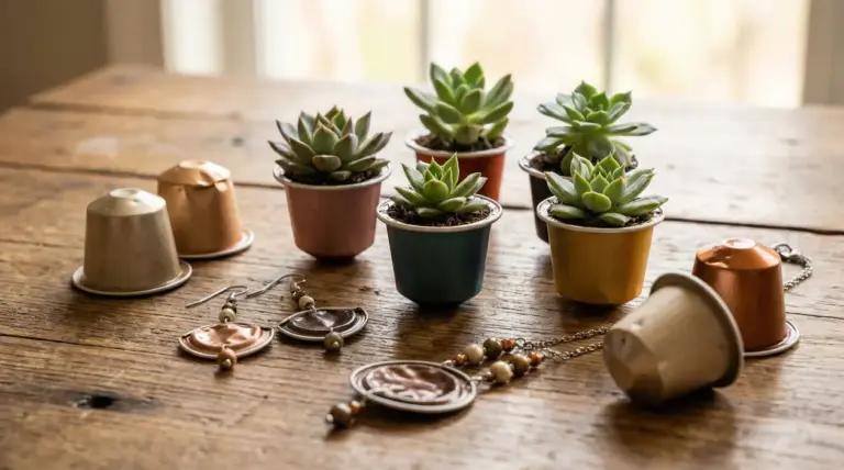 Capsule di caffè riutilizzate come vasi per piante grasse e gioielli artigianali su tavolo di legno