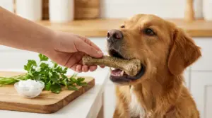 Cane che riceve uno snack naturale a forma di osso in cucina