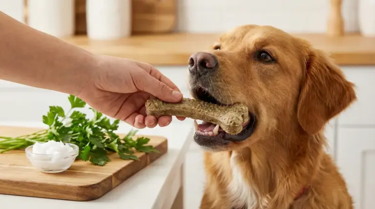 Cane che riceve uno snack naturale a forma di osso in cucina
