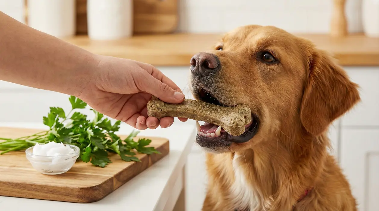 Cane che riceve uno snack naturale a forma di osso in cucina