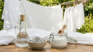 Aceto, cenere e bicarbonato su un tavolo all'aperto con bucato bianco steso sullo sfondo