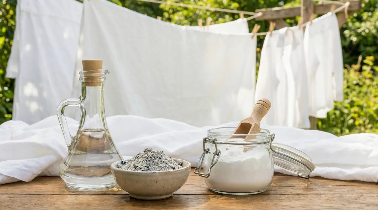 Aceto, cenere e bicarbonato su un tavolo all'aperto con bucato bianco steso sullo sfondo