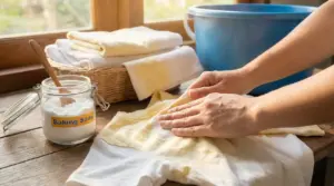 Mani che strofinano una maglietta ingiallita con bicarbonato su un tavolo vicino a un barattolo e asciugamani piegati