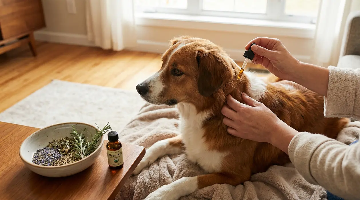 Persona applica olio naturale dietro l’orecchio di un cane in casa