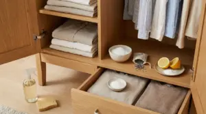 Armadio aperto con biancheria piegata e rimedi naturali contro muffa e cattivi odori