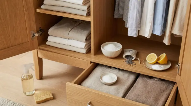 Armadio aperto con biancheria piegata e rimedi naturali contro muffa e cattivi odori