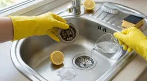 Persone con guanti gialli puliscono un lavello della cucina con bicarbonato, limone e acqua