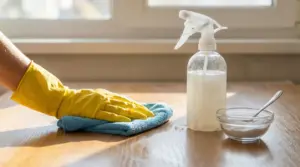 Mano con guanto giallo pulisce una superficie di legno con panno e spray